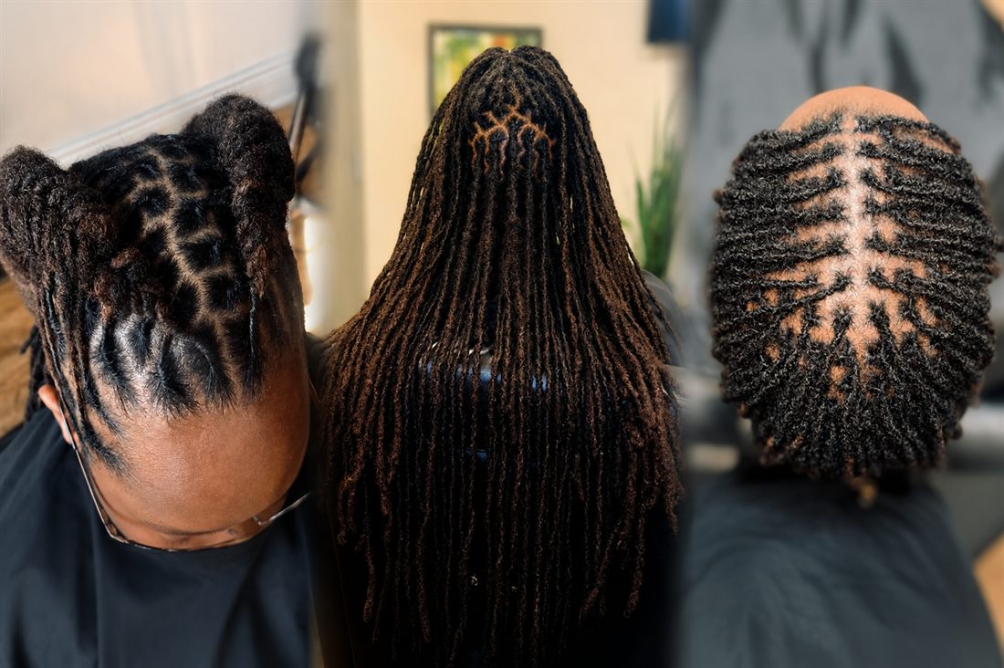 Medium-sized locs maintained by retwisting or interlocking with crochet detailing for a neat, uniform finish