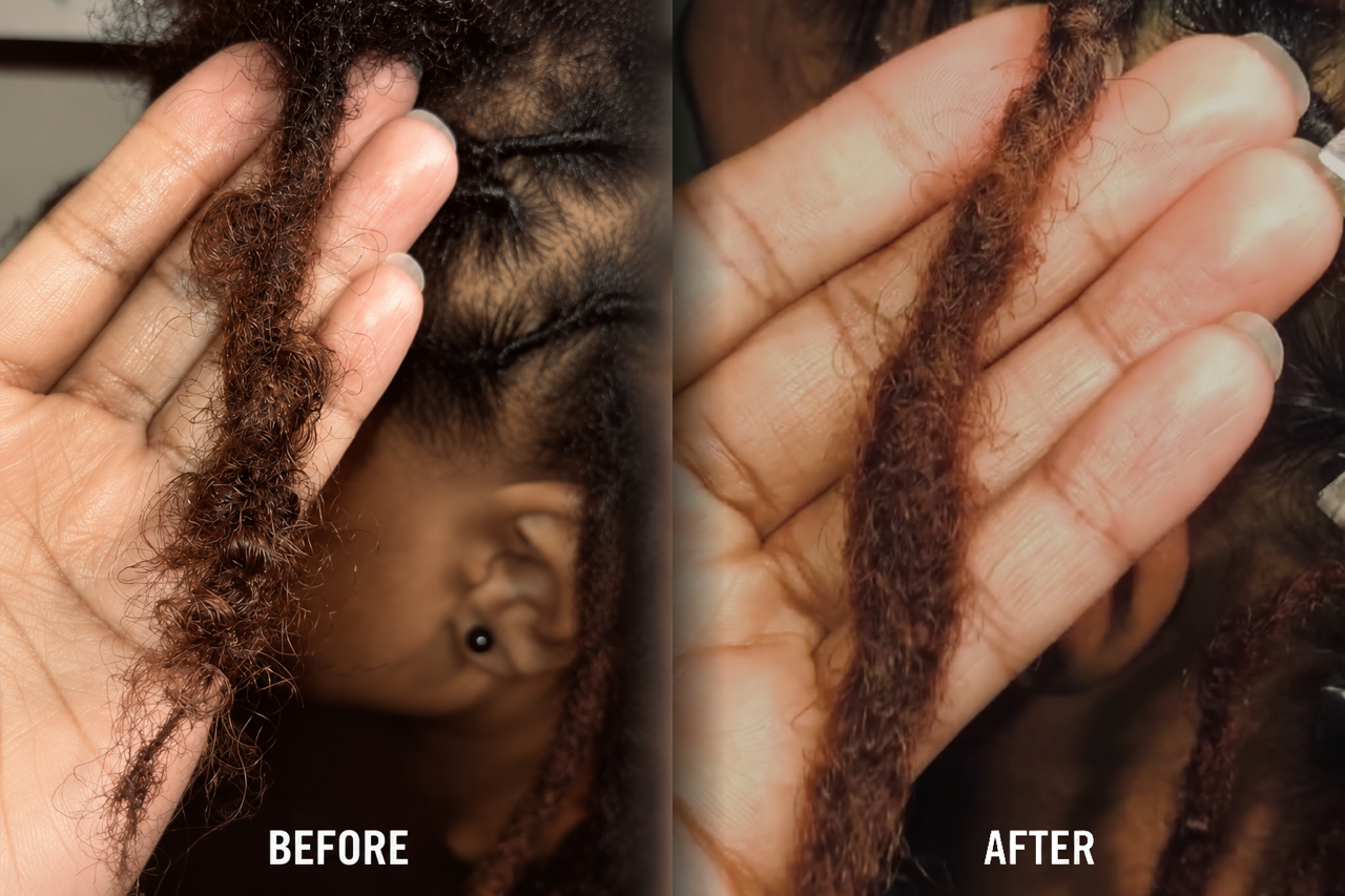 Before and after loc repair — a weakened loc reconnected and reinforced with crochet technique