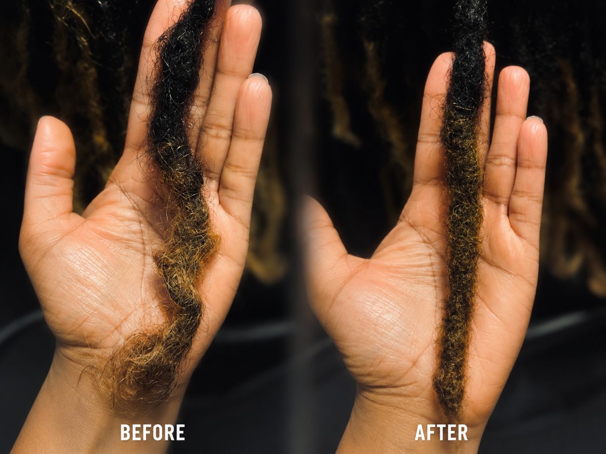 Before and after loc reconstruction — a frizzy, unraveling loc restored to a clean, blended finish