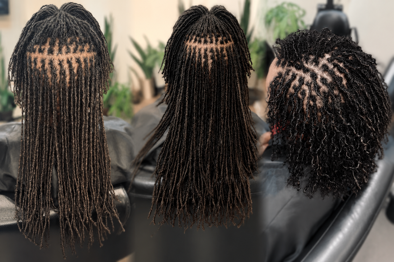 Sisterlocks and micro locs with a fine, clean grid maintained by interlocking using a low-product approach